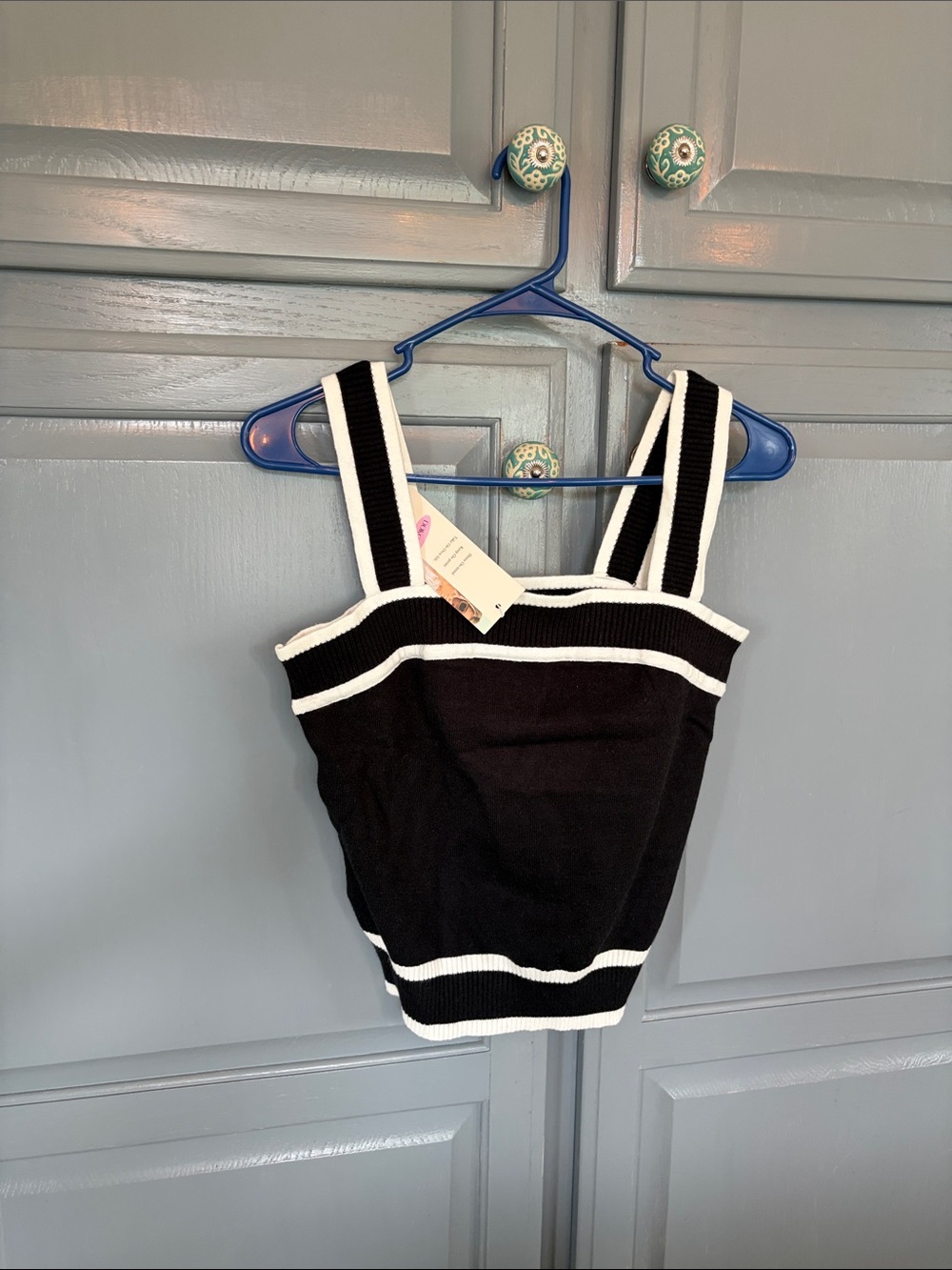 Black Ribbed Square-Neck Tank with White Trim
